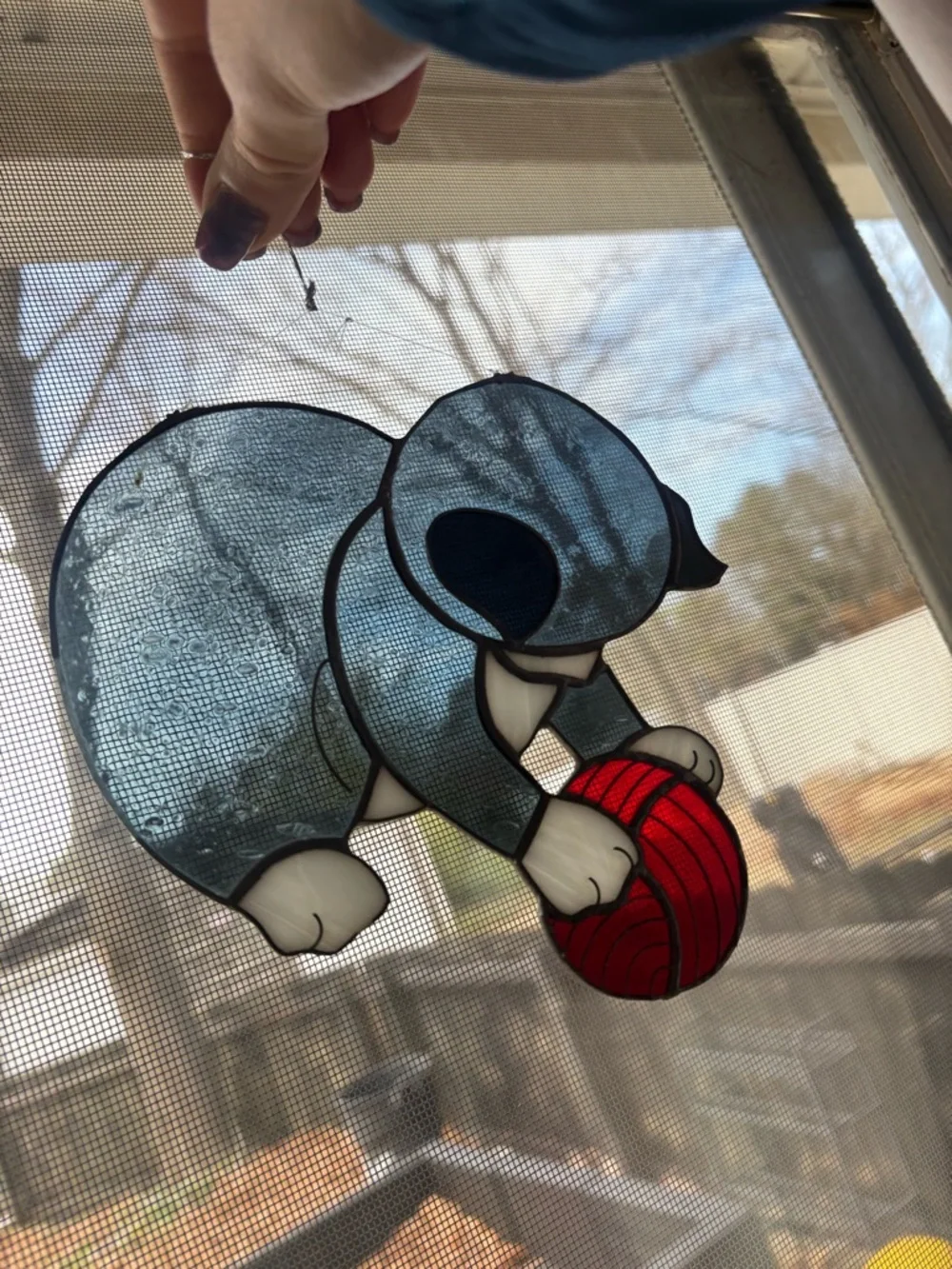 Adorable Vintage Black & White Cat Stained Glass Suncatcher Ornament with Ball - Picture 5 of 5